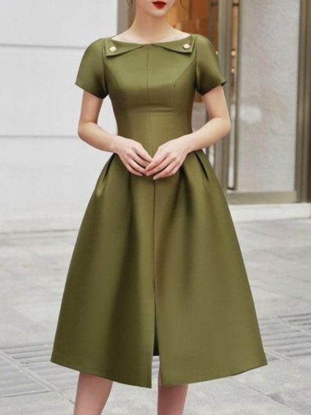 

Elegant Plain Crew Neck Regular Fit Dress, Green, Midi Dresses