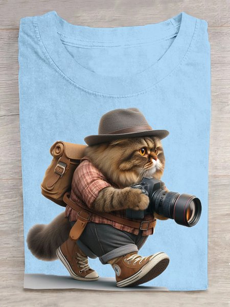 

Casual Cat Crew Neck Short Sleeve T-shirt, Light blue, T-shirts