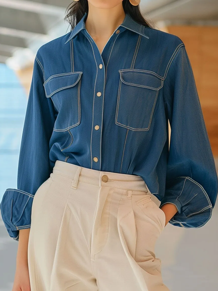 

Casual Shirt Collar Long Sleeve Regular Sleeve Loose faux denim Shirt, Blue, Blouses and Shirts