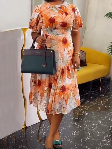 

Floral Regular Sleeve Urban Loose Crew Neck Dress, As picture, Maxi Dresses
