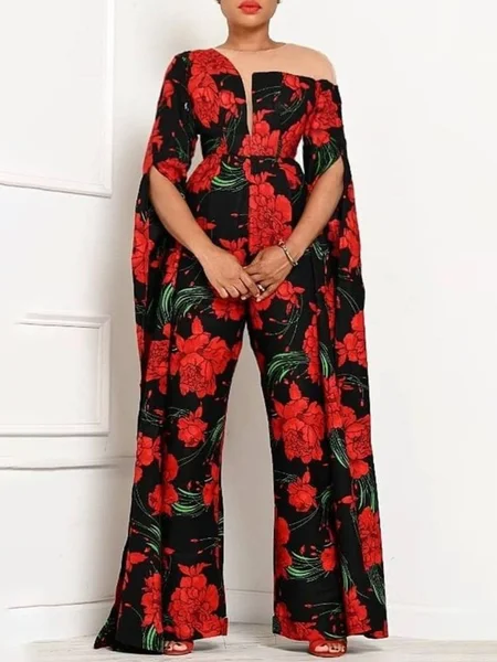 

Pocket Stitching Asymmetrical Elegant Floral Split Sleeves Jumpsuit, As picture, Jumpsuits