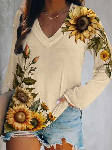 

Casual Daisy V Neck Long Sleeve T-shirt, Yellow, T-shirts