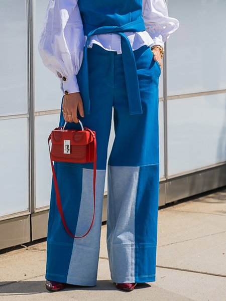 

Pocket Stitching Color Block Urban Regular Fit Pants, Blue, Pants