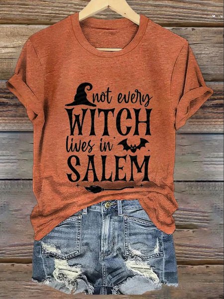 

Halloween Casual Witch Pattern Text Letters Crew Neck Short Sleeve T-shirt, Orange, T-shirts