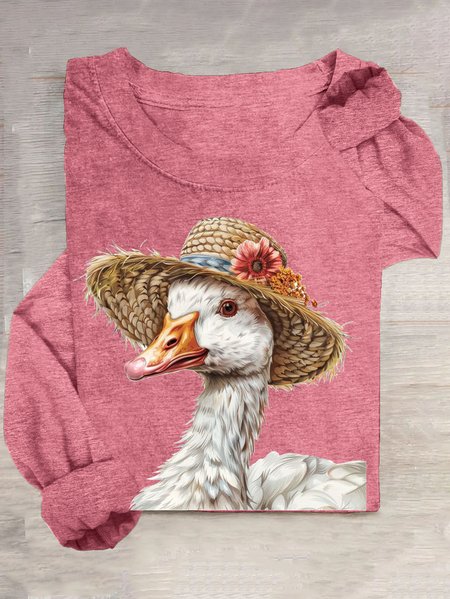 Casual Animal Crew Neck Long Sleeve T-shirt, Pink, T-shirts