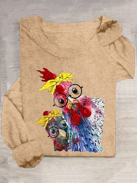 

Casual Animal Crew Neck Long Sleeve T-shirt, Khaki, T-shirts