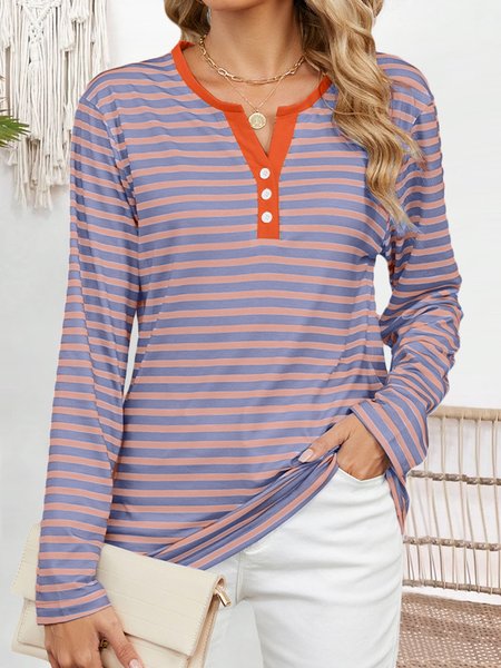

Casual Striped Notched Long Sleeve T-shirt, Dusty pink, T-shirts