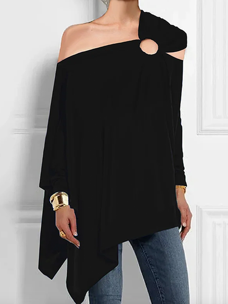 

Plain Off Shoulder Sleeve Long Off Shoulder Sleeve Sleeve Loose Urban Asymmetrical Blouse, Black, Blouses and Shirts