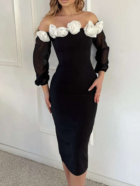 

Medium Elasticity Elegant Off Shoulder Sleeve Tight Color Block Long Sleeve Midi Dress, Black, Midi Dresses
