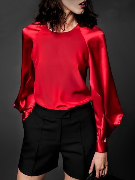 

Plain Elegant Long Sleeve Loose Blouse, Red, Blouses and Shirts