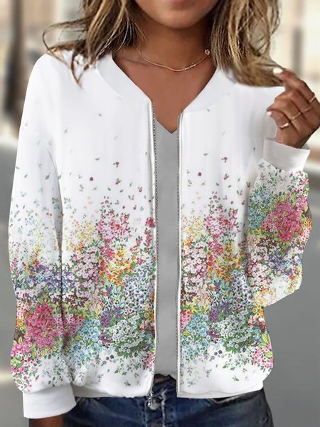 

Women's Floral Zipper Regular Loose Jacket, White, Jackets