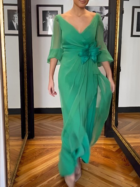 

Regular Fit V Neck Plain 3D Flower Elegant Party Dress, Green, Maxi Dresses