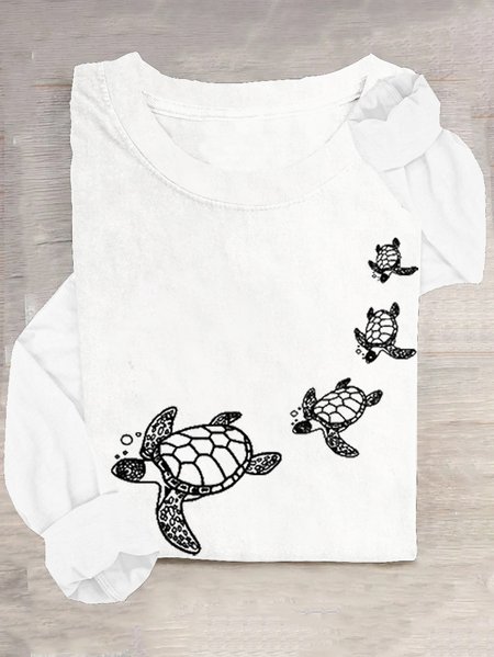 

Casual Crew Neck Cotton-Blend Turtle T-Shirt, White, Long sleeves