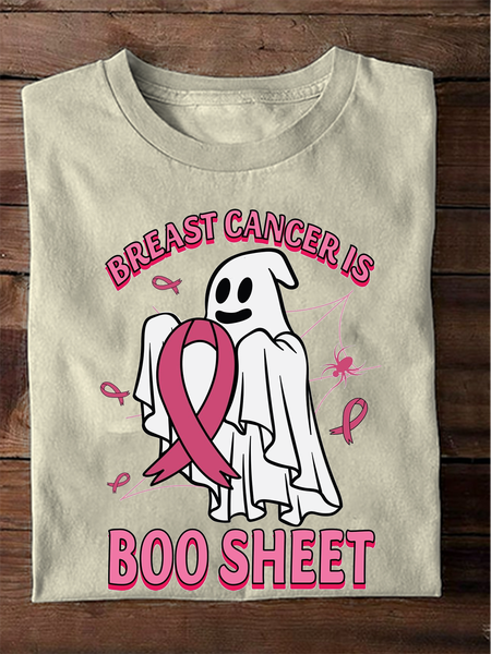

Halloween Casual Cute Ghost Pattern Text Letters Crew Neck Long Sleeve T-shirt, Apricot, T-shirts