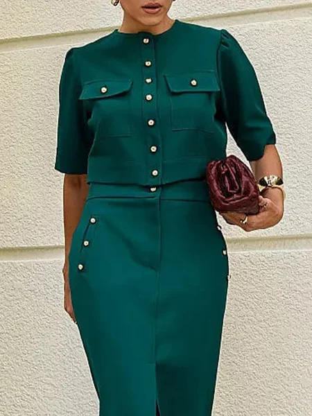 

Plain Urban Crew Neck Regular Fit Pockets Shirt, Green, Blouses and Shirts