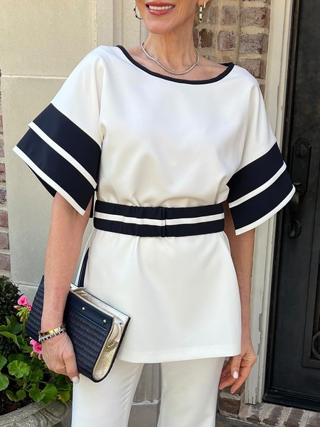 

Color Block Crew Neck Elegant Blouse With No Belt, Black-white, Blouses and Shirts