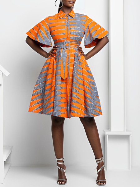 

Shirt Collar Regular Fit Geometric Elegant Regular Sleeve Shirt Dress With Belt, Orange, Midi Dresses