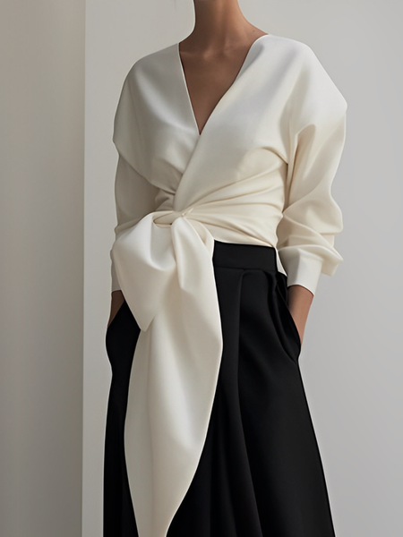 

Plain Regular Fit Raglan Sleeves Elegant V Neck Long Sleeve Blouse, Apricot, Blouses and Shirts