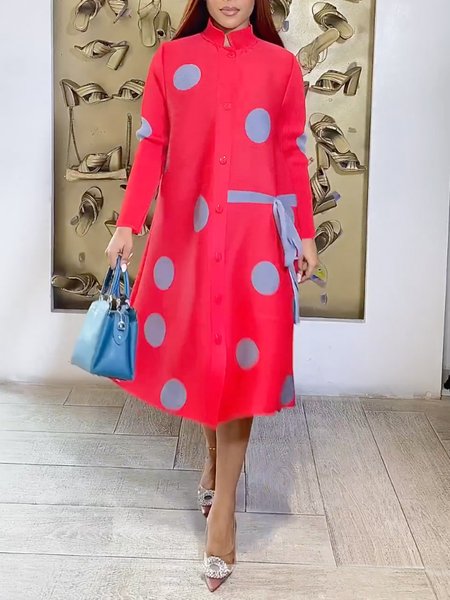 

Loose Elegant Polka Dots Shirt Midi Dress, Red, Midi Dresses