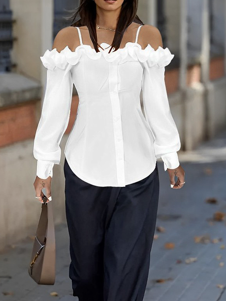 Regular Fit Spaghetti Elegant Plain Long Sleeve Ruffle Sleeve Shirt, White, Blouses and Shirts
