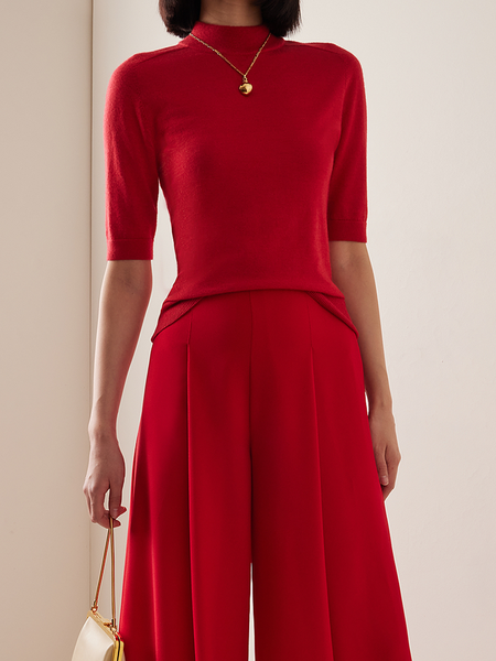 

High Elasticity Regular Fit Plain Stand Collar Half Sleeve Regular Sleeve Urban Sweater, Red, Pullovers