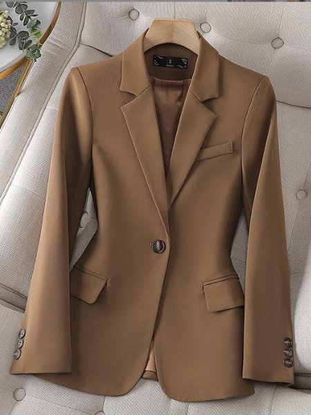 

Women's Spring/Fall Outerwear Casual Buckle Plain Long Sleeve Lapel Collar Regular Blazer, Khaki, Blazers