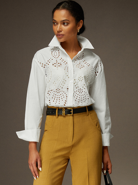 

Eyelet Long Sleeve Cotton Shirt, White, Blouses and Shirts