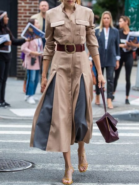 

Urban Cargo Pockets Regular Fit Color Block Shirt Dress, Khaki, Maxi Dresses