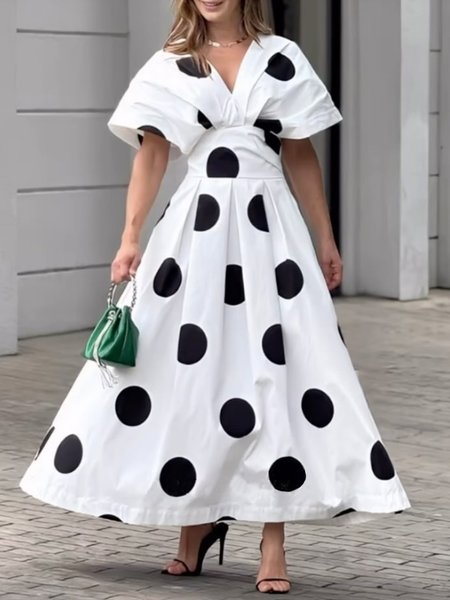 

Elegant V Neck Pockets High Waist Polka Dots Dress, White, Maxi Dresses