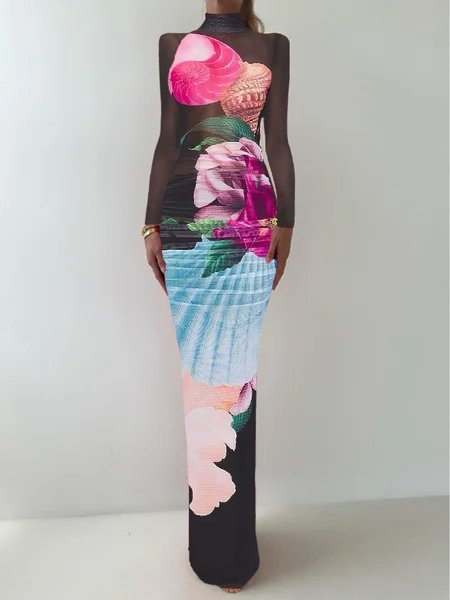 

Tight Long Sleeve Floral Elegant Maxi Dress, Black, Maxi Dresses