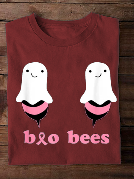 Halloween Casual Cute Ghost Pattern Text Letters Crew Neck Long Sleeve T-shirt, Wine red, T-shirts