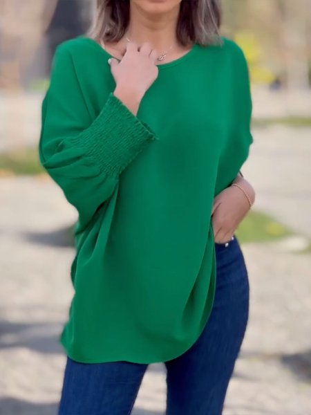 Crew Neck Long Sleeve Plain Regular Loose Blouse For Women, Green, Blouses