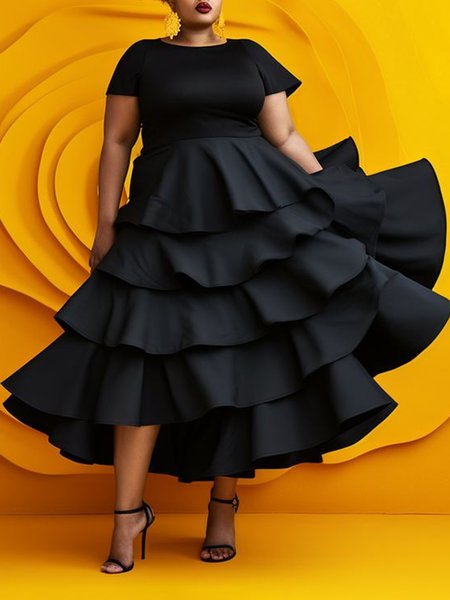 

Elegant Folds Plain Short Sleeve Crew Neck Midi Dress, Black, Midi Dresses