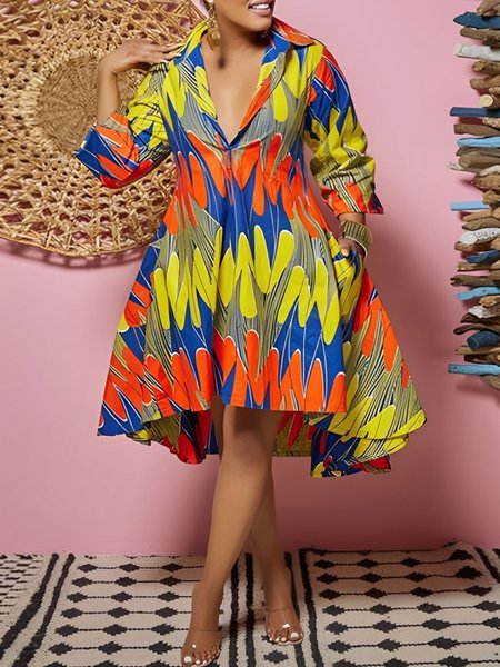 

Casual Pockets Ethnic Geometry Loose Shirt Dress, As picture, Midi Dresses