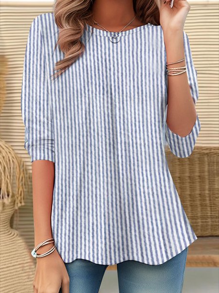 

Casual Striped Crew Neck Long Sleeve T-shirt, Blue, T-shirts