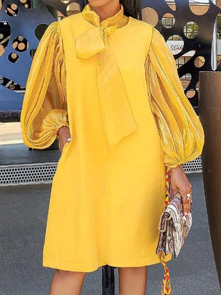 

Balloon Sleeve Elegant Plain Loose Pockets Dress, Yellow, Midi Dresses