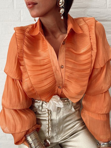 

Ruffle Sleeve Shirt Collar Elegant Regular Fit Shirt, Orange, Blouses and Shirts