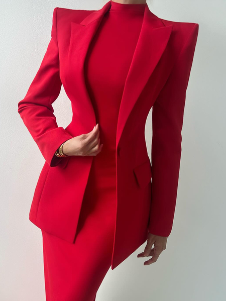 

Plus Size Long Sleeve Lapel Collar Urban Blazer, Red, Plus Outerwear