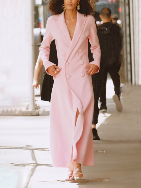 

Pocket Stitching Plain Elegant Long Sleeve Maxi Dress, Pink, Maxi Dresses