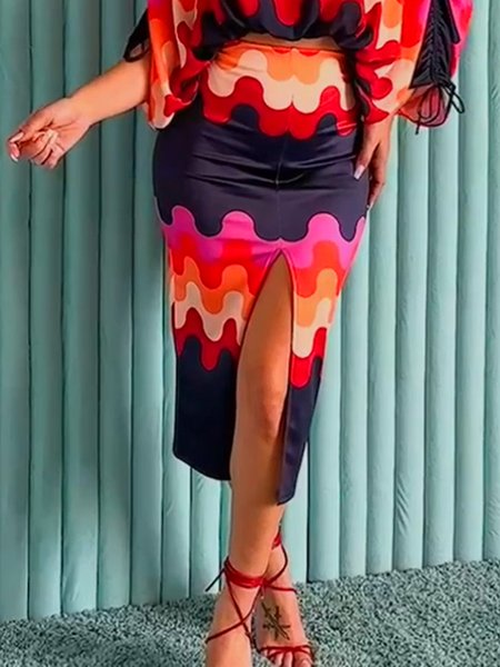 

Printing Abstract Stripes Casual Loose Skirt, As picture, Skirts