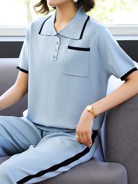 

Daily Polo Collar Color Block Short Sleeve Sweater, Blue, Pullovers