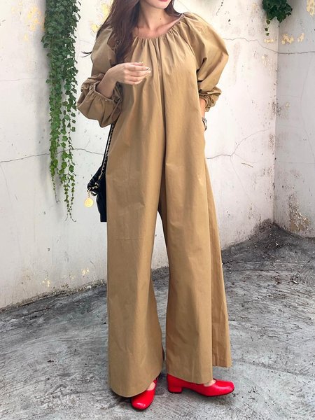 

Crew Neck Plain Casual Raglan Sleeve Loosen Jumpsuit, Khaki, Jumpsuits