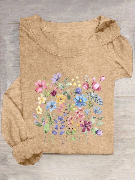 Crew Neck Casual Cotton-Blend Floral T-Shirt, Khaki, Long sleeves