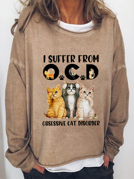 

Women's I Suffer From OCD Cat Graphic Letter Funny Sweatshirt, Khaki, Hoodies&Sweatshirts