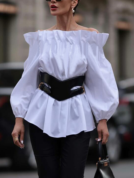 

Loose Urban Off Shoulder Sleeve Blouse With No Belt, White, Blouses and Shirts