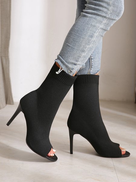 

Minimalist Black Elastic Mesh Fabric Stiletto Heel Peep Toe Boots, Boots