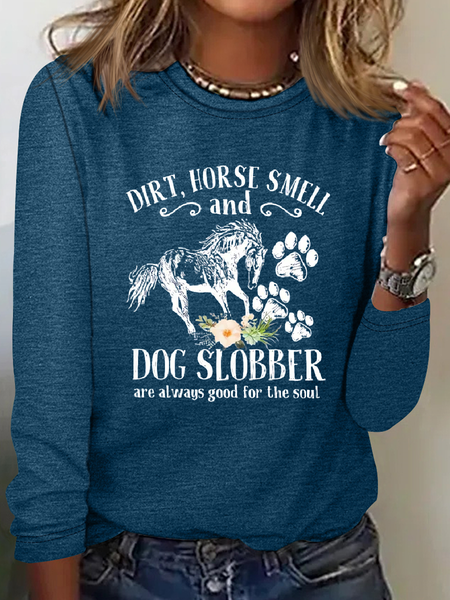 

Women's Horse And Dog Flower Dirt Horse Smell Long Sleeves, Blue, Long sleeves