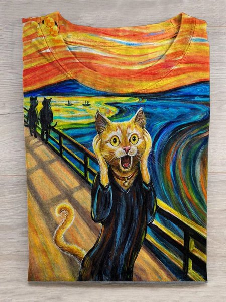 

Casual Cat Crew Neck Long Sleeve T-shirt, Multicolor, T-shirts