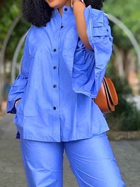 

Ruched Bell Sleeve Crew Neck Urban Plain Shirt, Blue, Blouses and Shirts