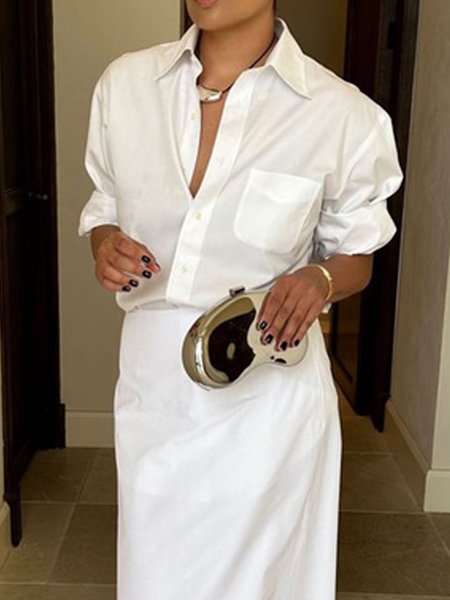 

Shirt Collar Pocket Stitching Plain Urban Shirt, White, Blouses and Shirts
